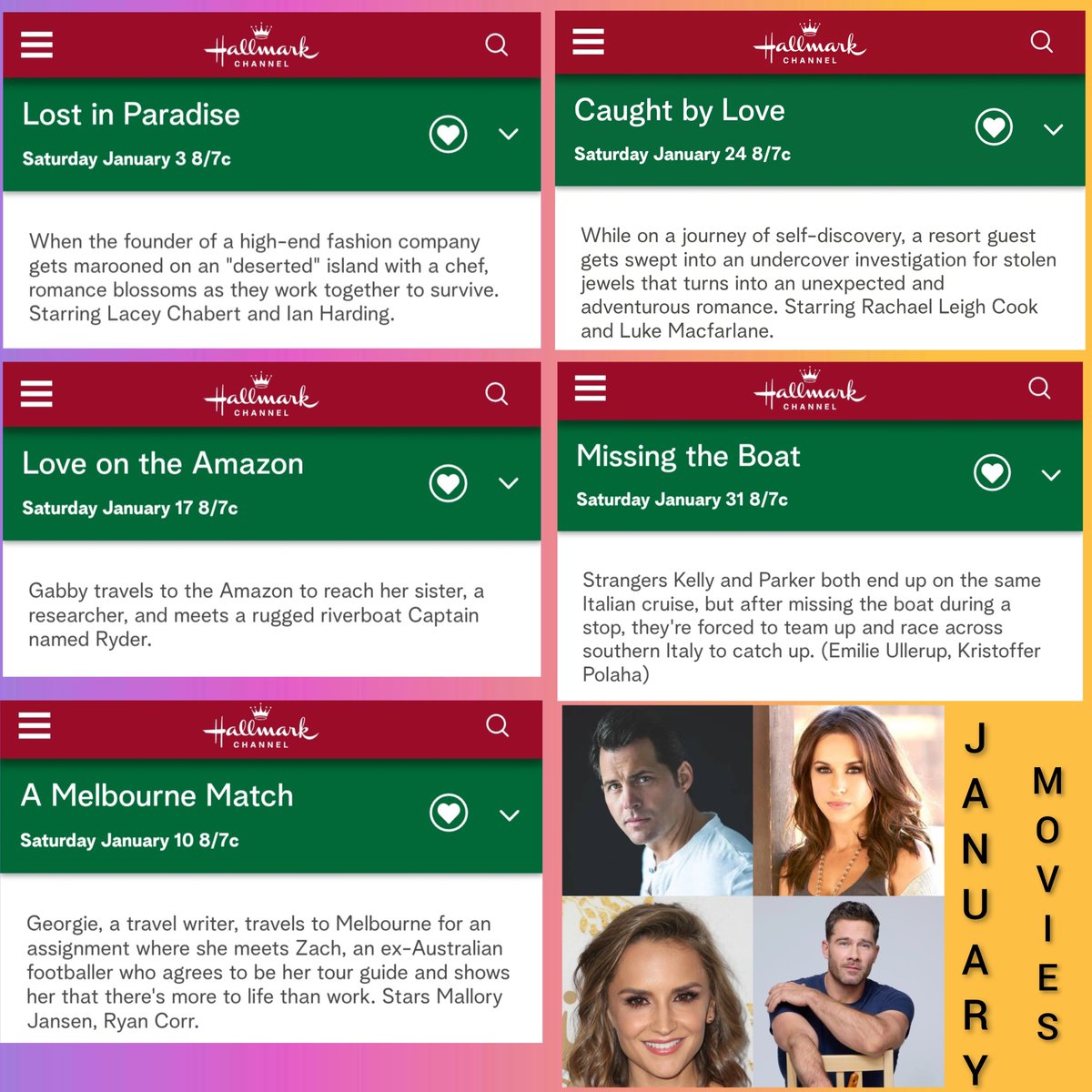 PinkSunsetxo's tweet photo. Hallmark January movies

1/3🏝 Lost In Paradise
Lacey Chabert/Ian Harding

1/10 🇦🇺 A Melbourne Match
Mallory Jansen/Ryan Corr  

1/17 🦜 Love On The Amazon

1/24 💎 Caught By Love
Luke Macfarlane/Rachel Leigh Cook 

1/31 🇮🇹 Missing The Boat
Kristoffer Polaha/Emilie Ullerup

📸 HM https://t.co/4emHdb98p9