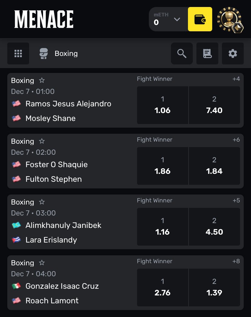 The current odds for the fights on the #PitbullRoach main card 👇💰

Shane Mosley Jr is a HUGE betting underdog against Ramos, nothing to split Foster &amp; Fulton and Roach a slight favourite over Pitbull 👀

Use my referral code on menace.com◼️:
menace.com/?r=BoxingEnth