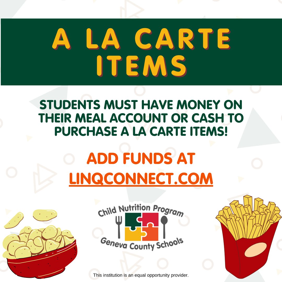 A stocked account or cash means more snack time smiles! 😊

Keep funds available so your student can grab their favorite a la carte picks. 🍎🥤

Manage your funds here: linqconnect.com