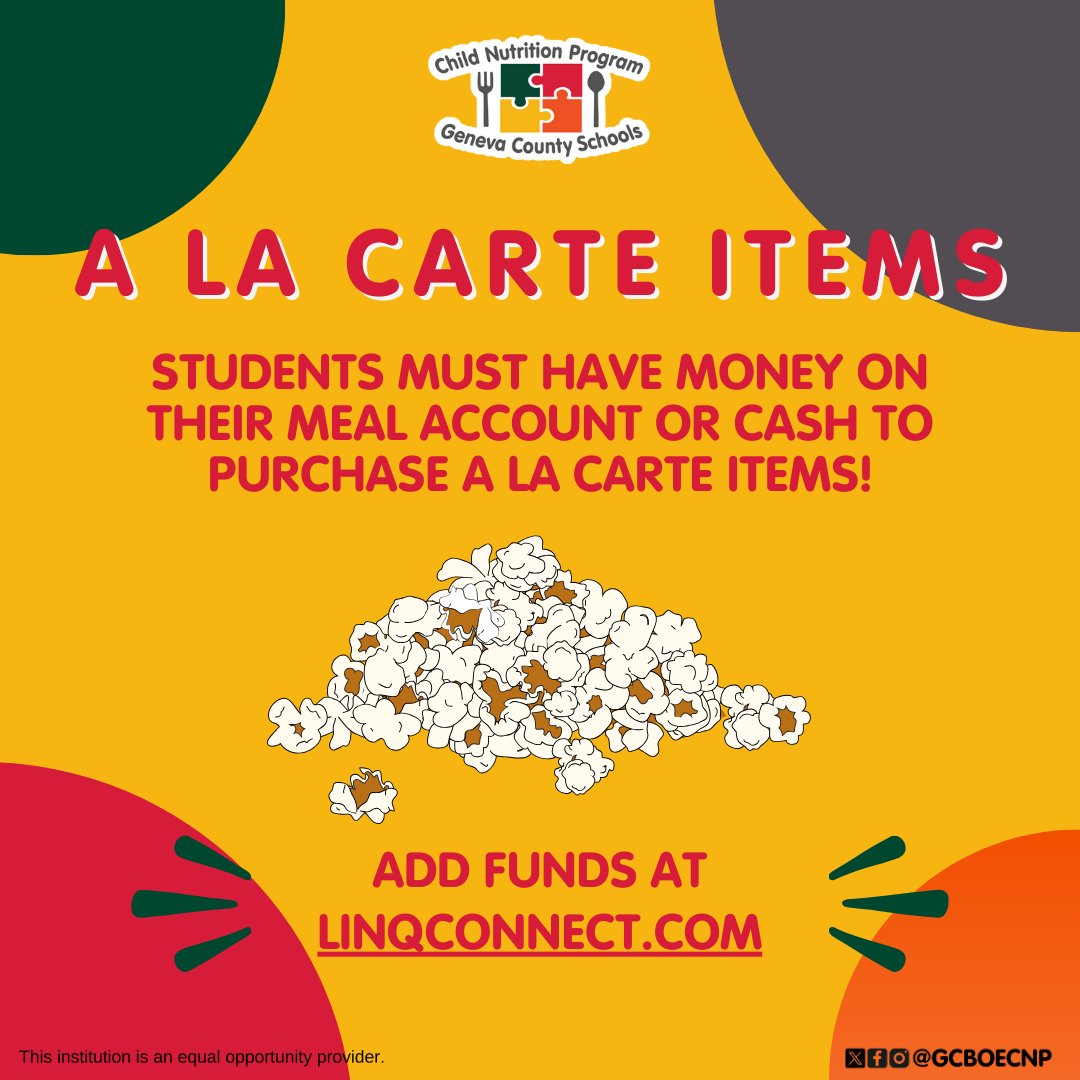 No need to miss out! 🚀 Keep your student’s account stocked or send cash so they can grab their favorite a la carte snacks anytime. 🍕🥤

Add funds here: linqconnect.com

<a href="/genevacoschools/">Geneva Co Schools</a> #GCBOECNP #GenevaAL #GenevaAlabama #Geneva #ALschools #Genevacounty
