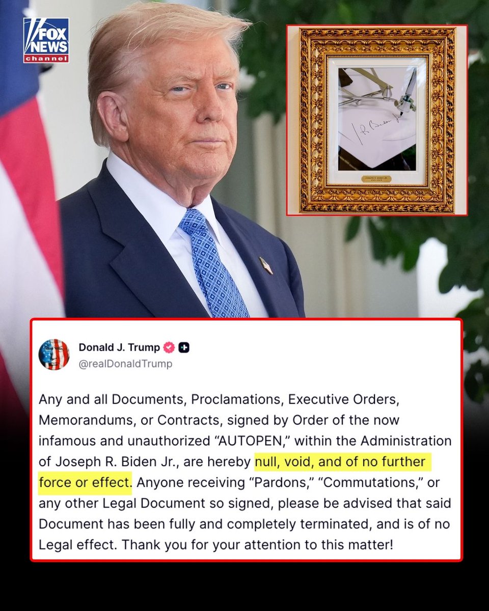 FoxNews's tweet photo. SCRATCH THAT: President Trump declared that any documents signed by the “autopen” during the Biden administration are “null and void” and told recipients that those documents are considered terminated. https://t.co/8p365fdNJY