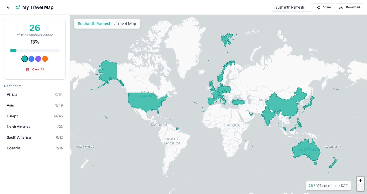 sushramesh's tweet photo. @Aishamalhotraa That is an excellent question and suggestion, I decided to build a feature that let's anyone create and share their Travel Map, check out mine: https://t.co/5zHnGoUIpw https://t.co/zN4gsfAkU3