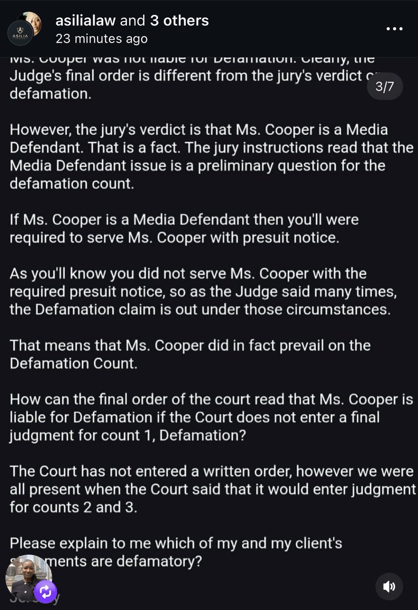 MilagroGramz's tweet photo. My attorneys have spoken:

“After we released our official statement yesterday, @/quinnemanuel (Megan's attorneys) emailed Jeremy in an attempt to intimidate and threaten the Defense team to retract its statement. @/quinnemanuel continued by releasing its own statement falsely accusing the Defense of making false and defamatory statements. Some, but not all, of the "Independent Journalists" who were present during the trial aligned themselves with Megan's attorneys and promoted the false narrative that the Defense team was somehow lying about the results of the trial.

Megan herself took to Twitter and accused the Defense team of lying.
Hours ago, Judge Altonaga reduced her oral ruling to writing and it is clear that the Defense never lied about the results of the trial.

The Final Judgment of the Court is that the defamation claim is dismissed. Any headline that reads that Megan won her "Defamation Suit" is thus inaccurate.

How ironic is it that Megan sued Milagro because Milagro called Megan a liar... Yet Megan and her attorneys make false accusations and accuse the Defense team of being liars.”