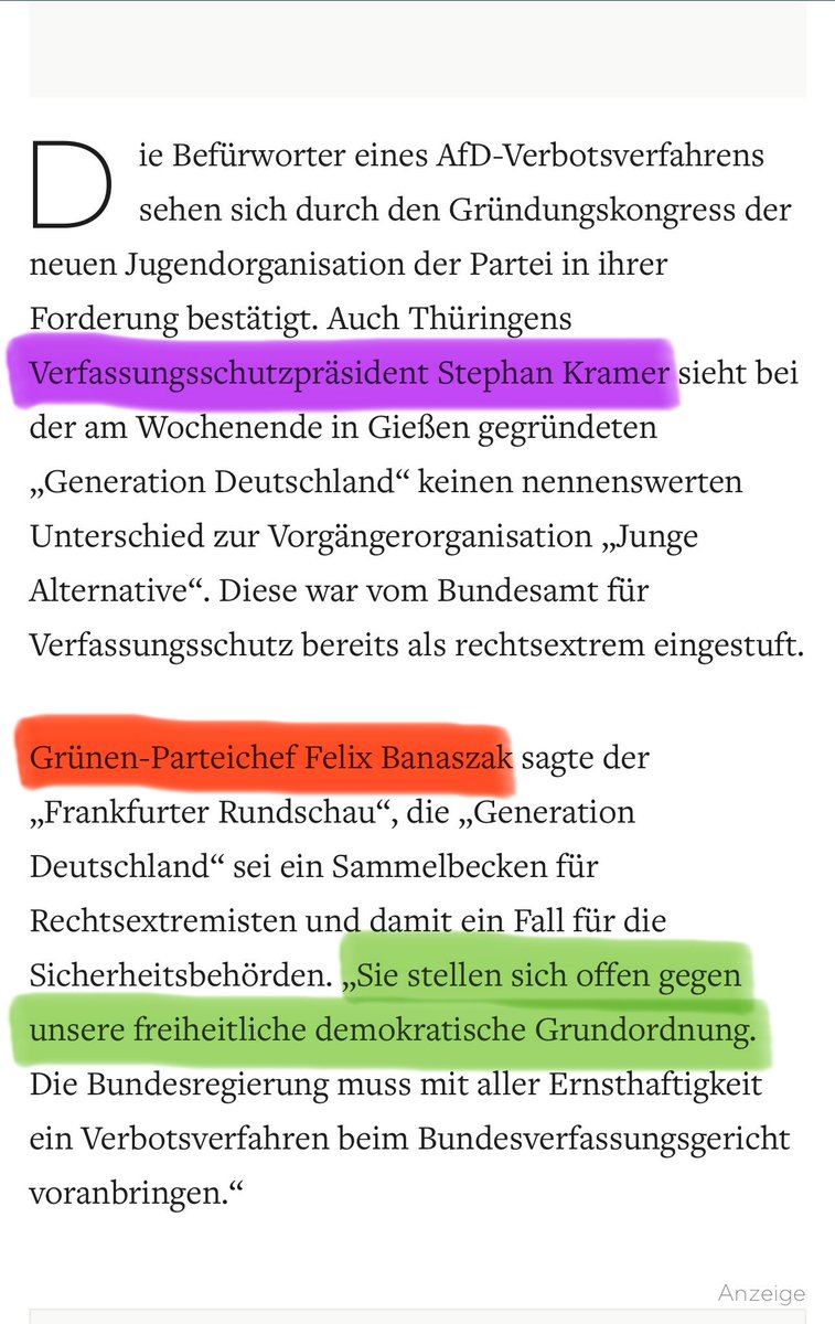 Stephan Kramer, auch als Ratsmitglied von der Amadeu-Antonio-Stiftung unterwegs, gegründet von Anetta Kahane (Ex-Stasi), sieht keinen Unterschied zur jungen Alternative. Felix Banaszak Grünen-Chef behauptet AfD Jugend sei "gegen unsere freiheitlich demokratische Grundordnung™️"