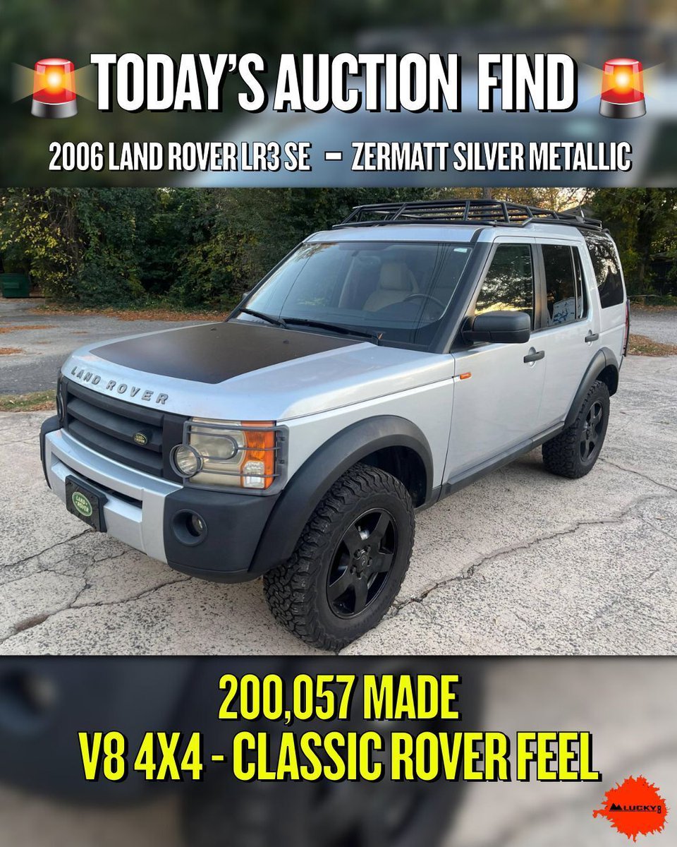 Lucky8OffRoad's tweet image. 🚨 Auction Find

2006 Land Rover LR3 SE — southern-owned V8 with 4WD + locking center diff. VIN: SALAE25476A390538

Excellent candidate for your next off-road or overland build.

#LandRover #LR3 #AuctionFind #OverlandBuild #Lucky8OffRoad