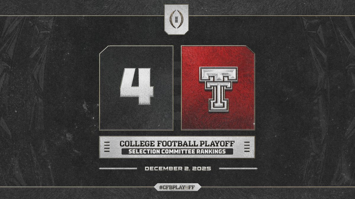 CFBPlayoff's tweet image. December 2️⃣ College Football Playoff Selection Committee Rankings

4️⃣. Texas Tech // @TexasTechFB

#CFBPlayoff 🏈🏆