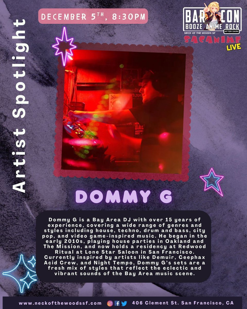 Just 𝟑 𝐝𝐚𝐲𝐬 to go until December BAR Con 🎉
Join us 𝐭𝐡𝐢𝐬 𝐅𝐫𝐢𝐝𝐚𝐲 for music, anime &amp; drinks 🍻🎶

⭐ Artist Spotlight: DJ Dommy G ⭐

🎟️ $12 Pre-Sale | 💵 $15 door
👉 Tickets: buff.ly/aF9VeBW 

See you there! 👀🎶