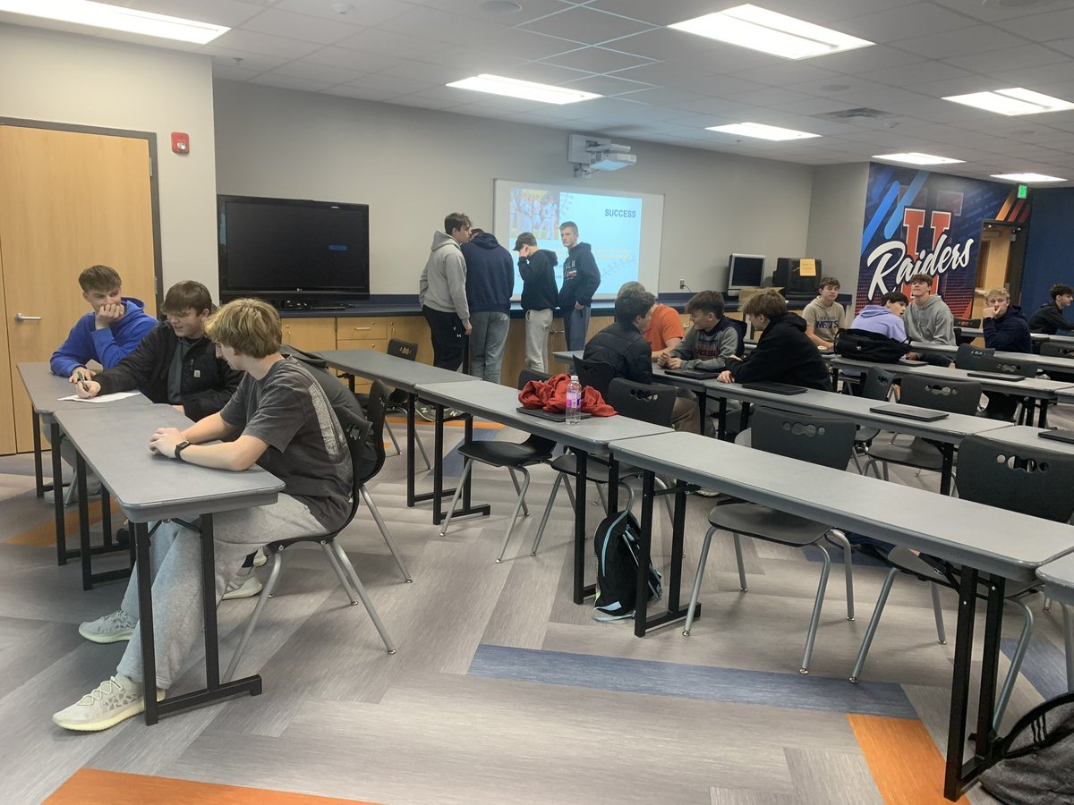 It was great to see several of our guys again; nearly 60 attended today’s meeting for those not in a winter sport. Ready to get back to work! #WE/me

Shoutout to <a href="/HarrisonWeight1/">Harrison Weightlifting</a> for taking time out of his day to talk about our strength program! #BeUndefeatedInOurPreparation