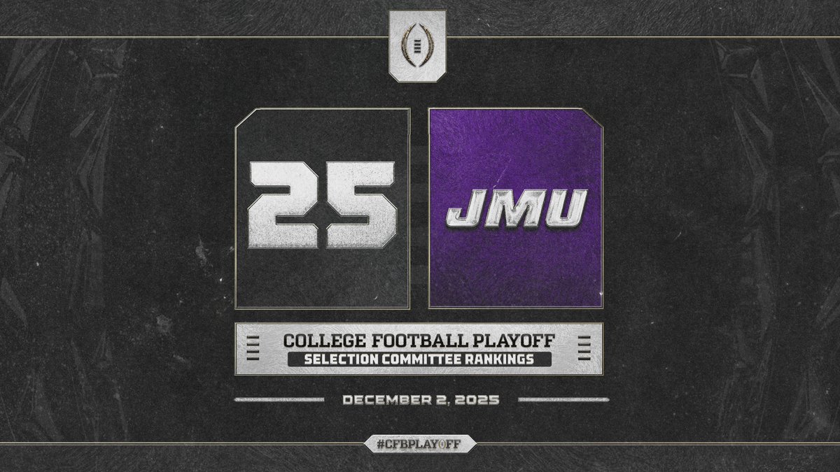 December 2️⃣ College Football Playoff Selection Committee Rankings

2️⃣5️⃣. James Madison // <a href="/JMUFootball/">JMU Football</a>

#CFBPlayoff 🏈🏆