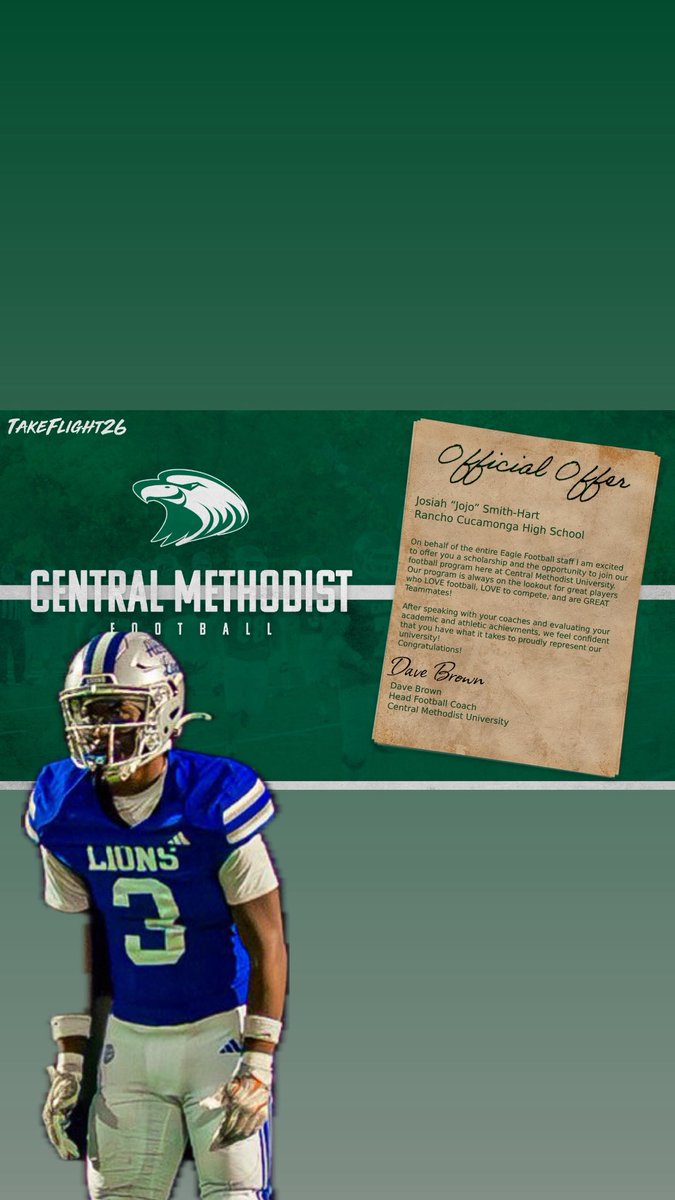 After A Great Conversation With <a href="/JeffCotton89/">Coach Jeff Cotton</a> I'm Truly Blessed to Receive an Offer From Central Methodist!! <a href="/AltaLomaLions/">Alta Loma Football</a> <a href="/Coach_Perri/">Tyler Perri</a> <a href="/coachkosik/">Justin Kosik</a> <a href="/CoachTHills/">Travis Hills</a>
