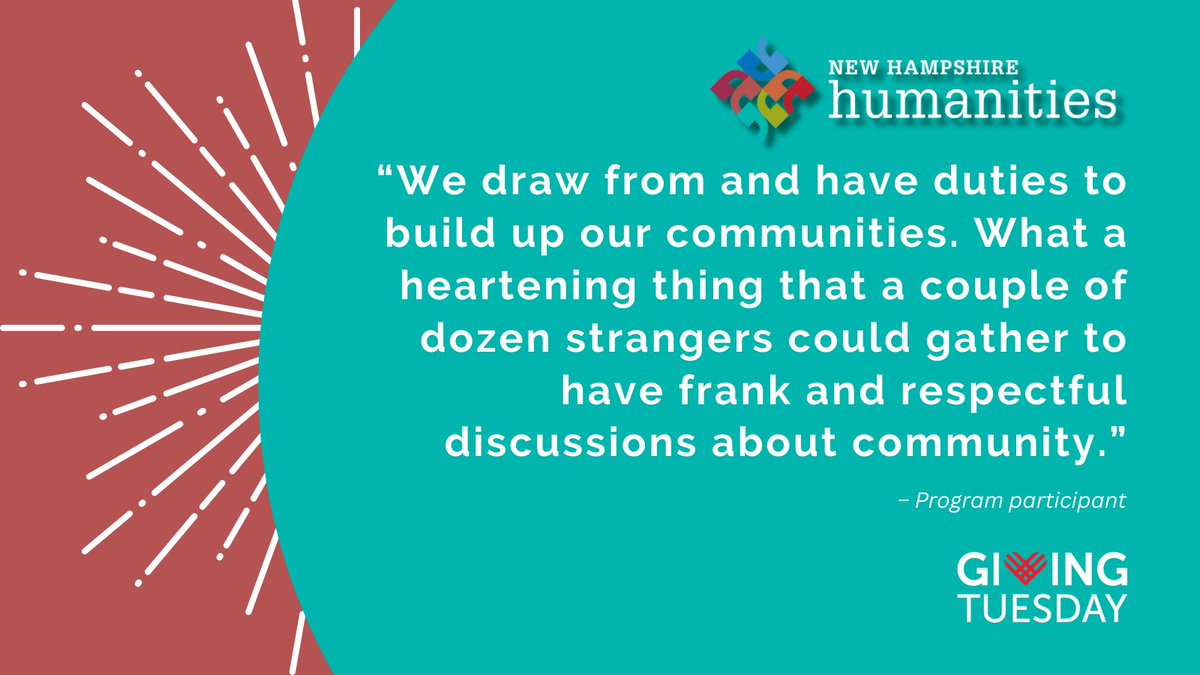 NHHumanities's tweet image. Thanks to amazing supporters like you, we have raised almost HALF of our $7K goal. Your gift of any size helps turn strangers into neighbors. Please donate today before midnight! tinyurl.com/nhhgive
#GivingTuesday #NewHampshireHumanities #humanities #gratitude #NewHampshire