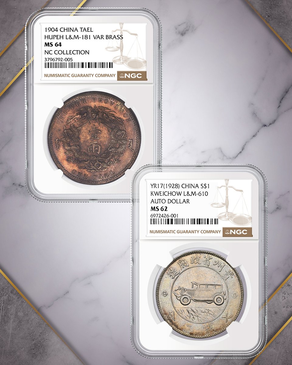 Bidding is already over $100,000 for each of these NGC-certified rarities in a @‌HeritageAuction sale this month: a Hupeh Brass Tael and an Auto Dollar. Learn more and see other highlights: NGCcoin.com/news/article/1… #rarecoins #numismatics