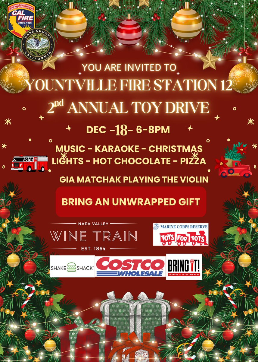 🎄✨ Join Us for Some Holiday Magic! ✨🎄 Yountville Fire Station 12 invites  you to our 2nd Annual Toy Drive on Dec. 18 from 6–8 p.m. Bring your family,  friends and holiday