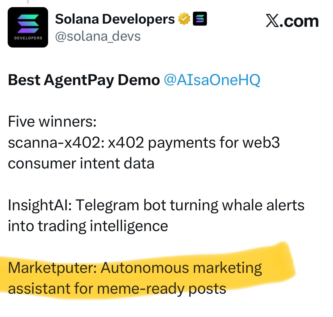 Here’s the winning submission 👇 

<a href="/solana_devs/">Solana Developers</a> x402 hackathon 🏆

<a href="/rawgroundbeef/">Ben</a> provides an overview of his <a href="/memeputer/">memeputer</a> entry

Ben is now building <a href="/x402jobs/">x402jobs</a> 

Meanwhile memeputer has quietly established itself as a premier launchpad for Agentic AI’s

ca: