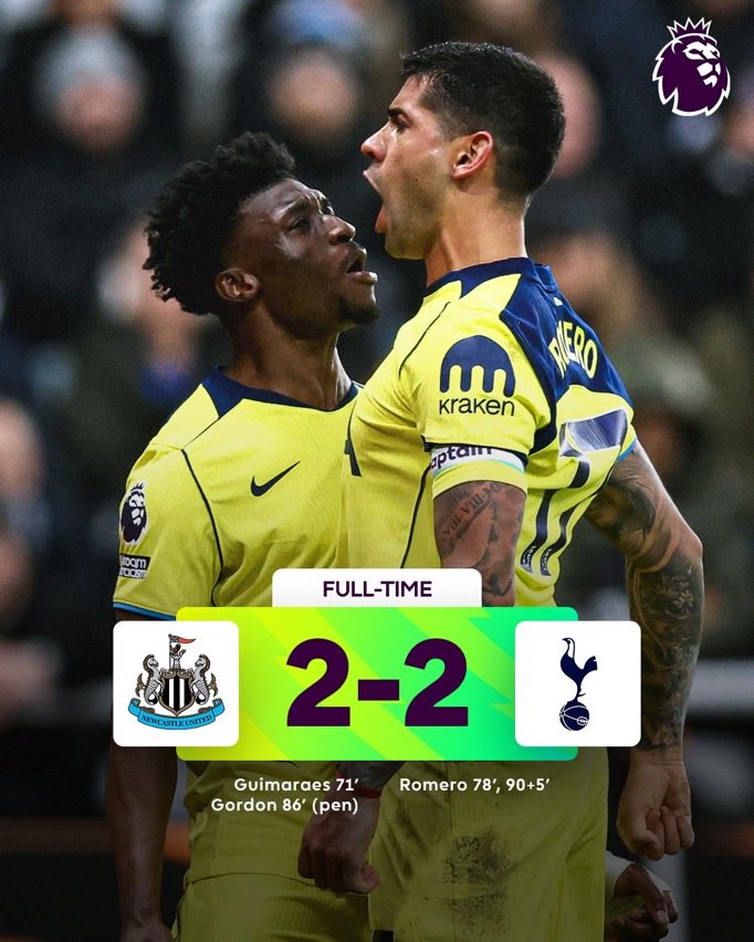 Goal-fest at the Cottage as City edge Fulham in a nine-goal thriller 🤯
Romero’s dramatic late acrobatic strike earns Spurs a draw at Newcastle 🔥
The Premier League table is getting wild at the top…
Who’s really in control of this title race now? 👀⚽️ #FULMCI #NEWTOT #EPL