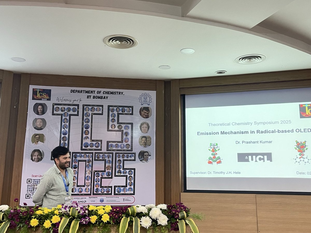 PrashantKumar_Z's tweet photo. Attending TCS 2025 at IIT Bombay for the first time! Gave my talk + presented a poster today on emission mechanisms in radical-based OLEDs.
The scale of TCS2025 and the quality of speakers are incredible.
I’ll be here 2–5 Dec. Feel free to say hi! #TCS2025 #CompChem #OLEDs https://t.co/qRmhIobbUT