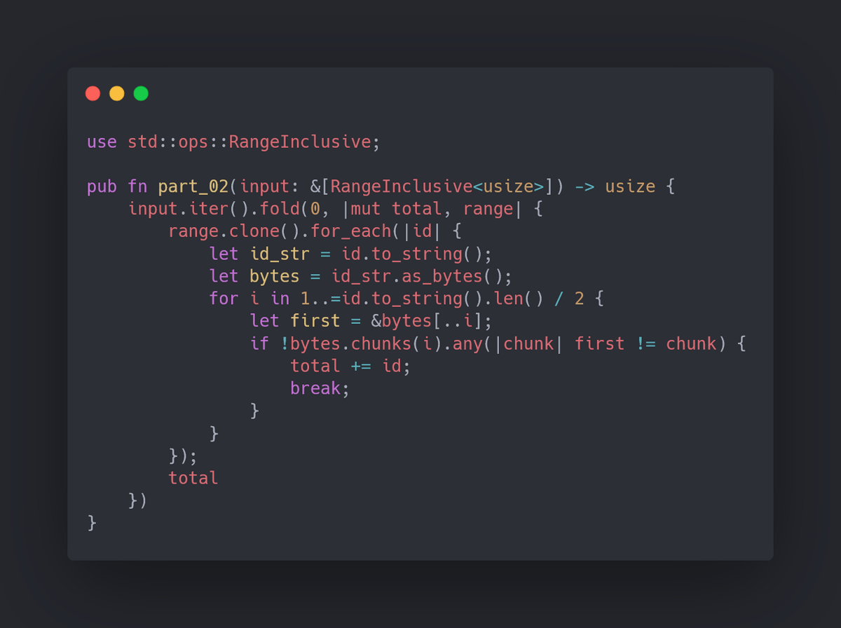 scadoshi's tweet image. #AdventOfCode Year 2025 Day 02 Part 02.. In Rust and C#..

Rust is home language so started there and translated.
Rust notes:
- Was slow until I figured out how to do fewer allocations with bytes (old version here: github.com/scadoshi/rusty… to see what I mean)
- And leveraged early…
