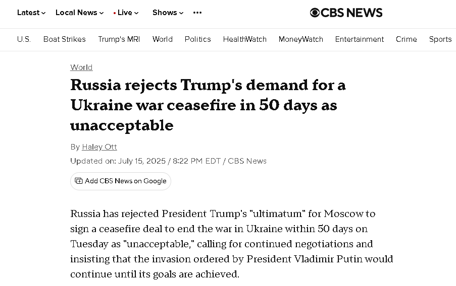 March '25: Putin rejects 30-day ceasefire agreed to by Ukraine and US

May '25: Putin again rejects 30-day ceasefire

July '25: Russia rejects Trump's 50-day deadline for a ceasefire

December '25: Russia rejects US peace plan

How many more times will we let Putin do this?