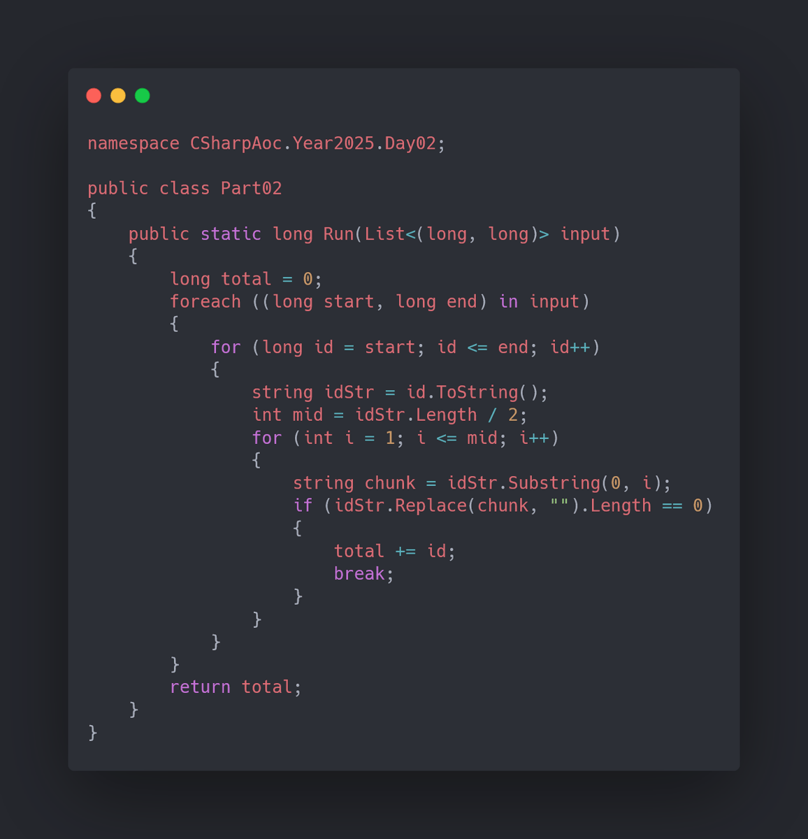 scadoshi's tweet image. #AdventOfCode Year 2025 Day 02 Part 02.. In Rust and C#..

Rust is home language so started there and translated.
Rust notes:
- Was slow until I figured out how to do fewer allocations with bytes (old version here: github.com/scadoshi/rusty… to see what I mean)
- And leveraged early…