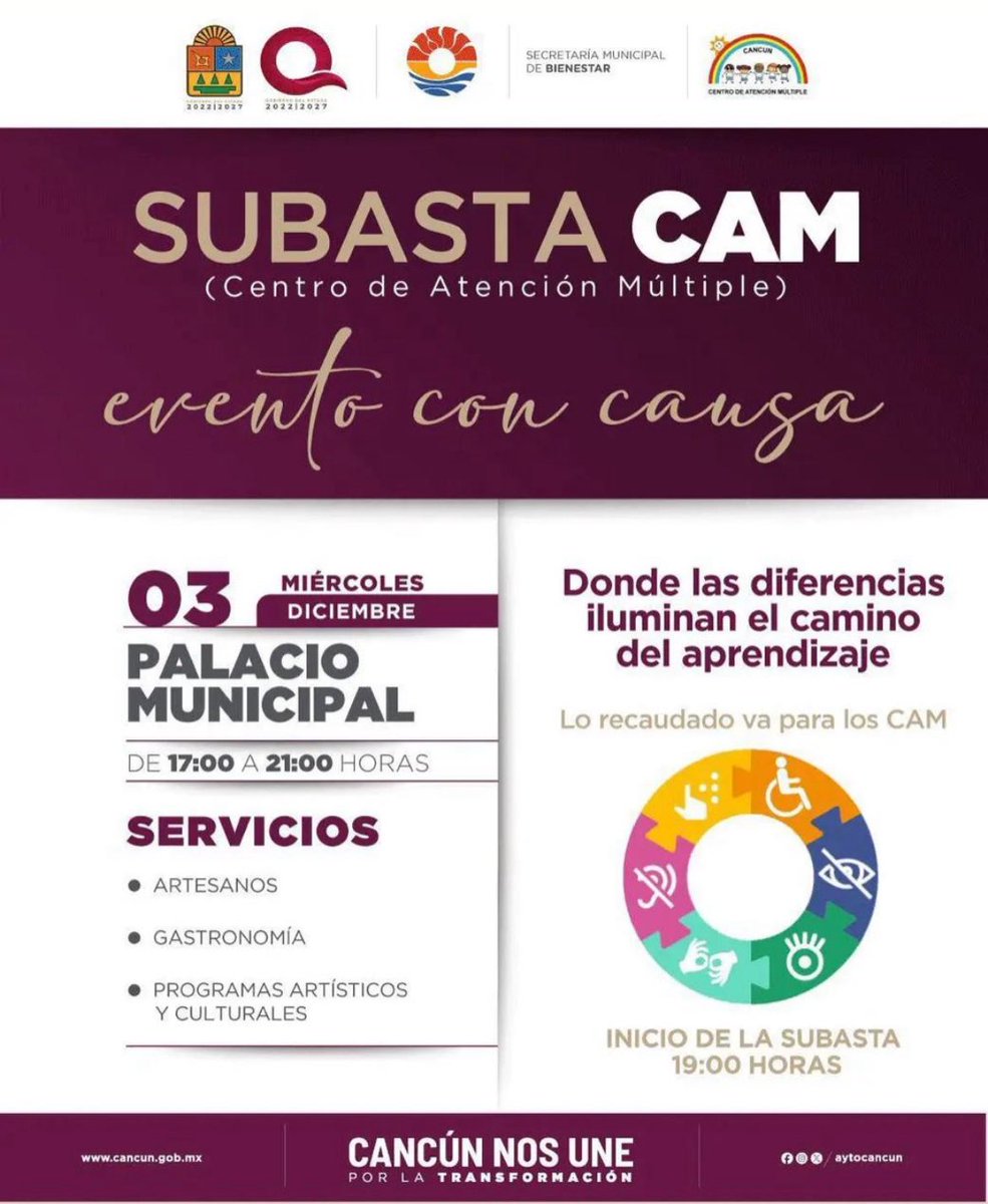 Participa el día de mañana en el evento con causa SUBASTA CAM, organizado por el H. Ayuntamiento de Benito Juárez 

La cita es en la explanada de Palacio Municipal, en Cancún. A partir de las 17 hras