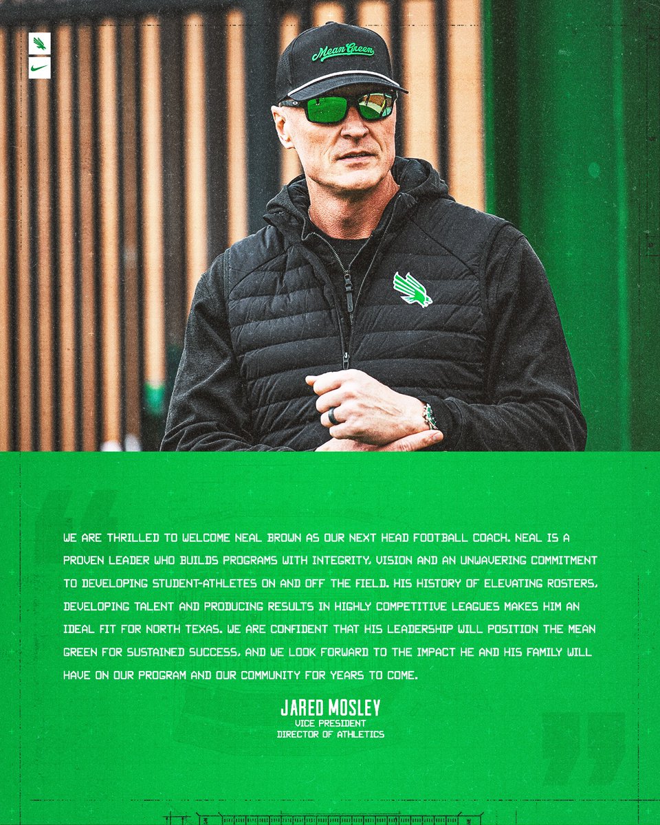 "We are thrilled to announce <a href="/Coach_NealBrown/">Neal Brown</a> as the 21st head coach of UNT Football."

<a href="/mosleyj22/">Jared Mosley</a> 

#GMG🦅