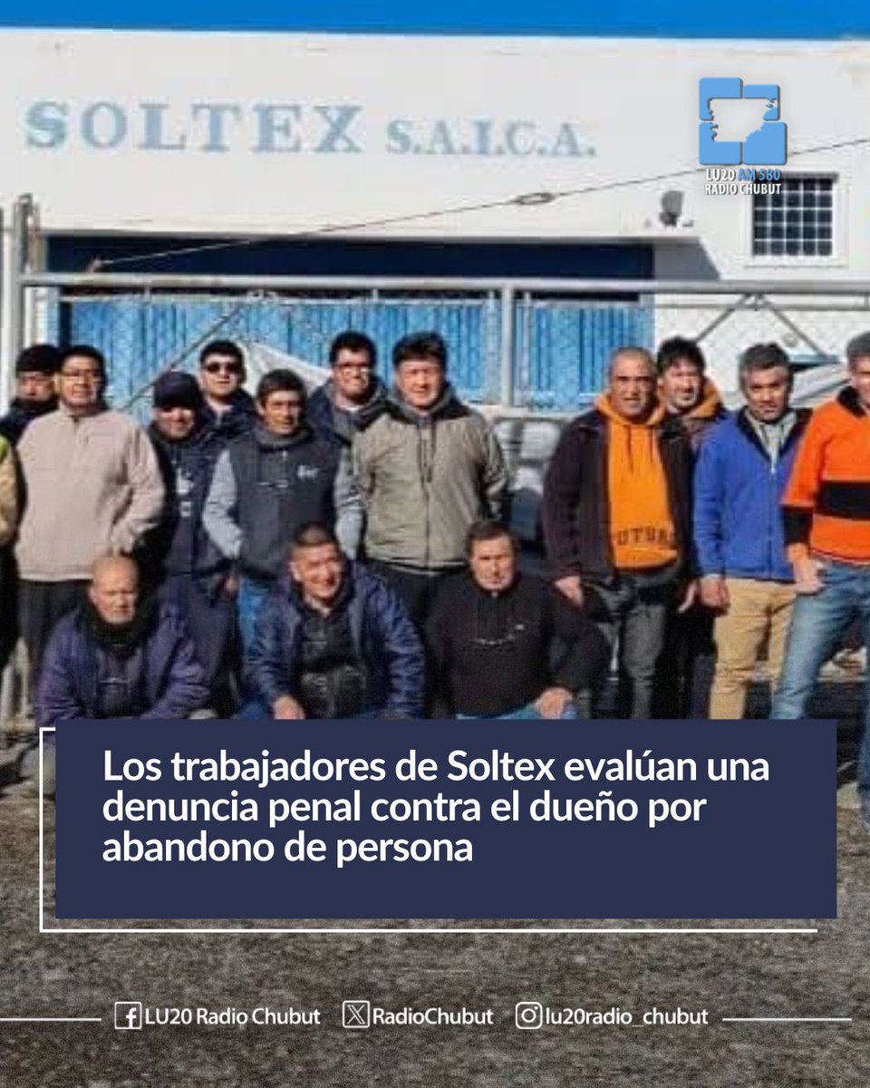 RadioChubut's tweet photo. ⚖️ Los trabajadores de #Soltex evalúan una denuncia penal contra el dueño por abandono de persona
Desde mayo que no cobran el sueldo y tienen la producción paralizada.
https://t.co/N6f71V0zeR https://t.co/nV80LNSj0F