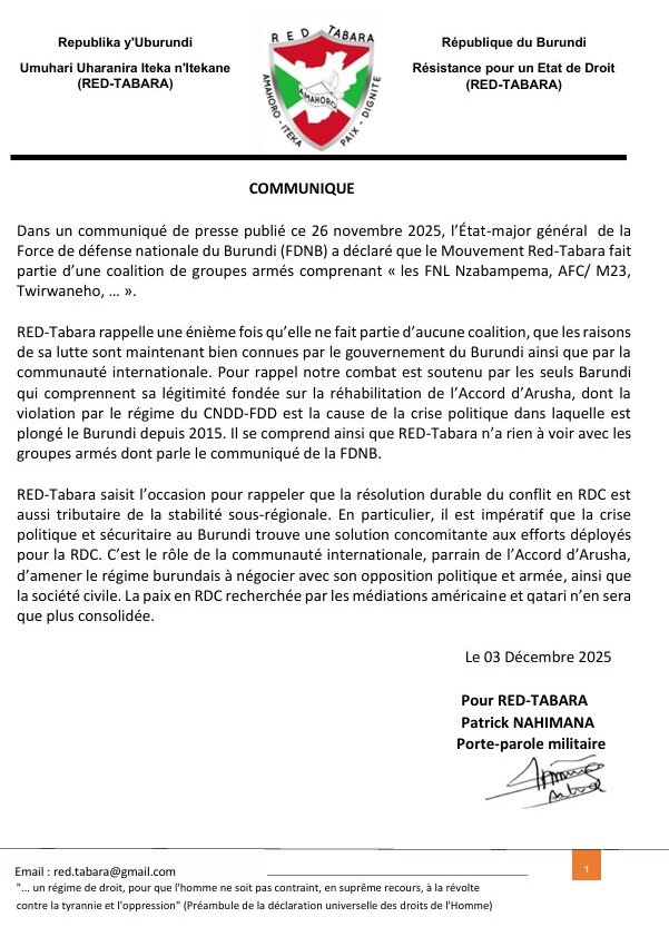 Red_Tabara's tweet image. Nous démentons les déclarations mensongères de l'armée burundaise selon lesquelles nous faisons partie d'une coalition de groupes armés comprenant "les FNL-Nzabampema, AFC/M23, Twirwaneho, ...".

RED-Tabara rappelle encore une fois qu'elle ne fait partie d'aucune coalition.