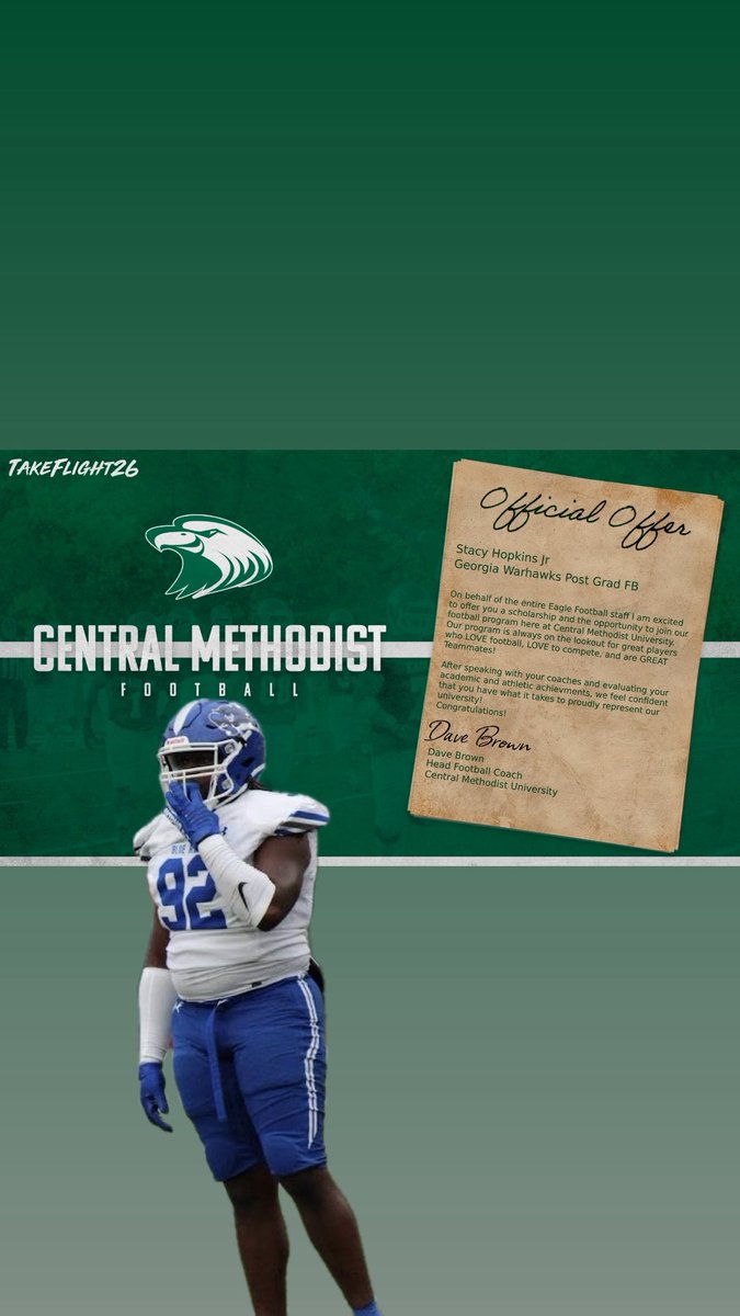 BLESSED to receive an offer from <a href="/cmueaglesFB/">Central Methodist Football</a> ! Huge thanks to <a href="/JeffCotton89/">Coach Jeff Cotton</a> for the opportunity!! <a href="/1WarhawkJones/">Coach Wayne Jones</a> <a href="/jamel_dabney94/">Jamel Dabney</a> <a href="/CoachPollard36/">Coach Pollard</a> <a href="/GeorgiaWarhawks/">Georgia Warhawks</a> <a href="/RecruitGeorgia/">Recruit Georgia</a>