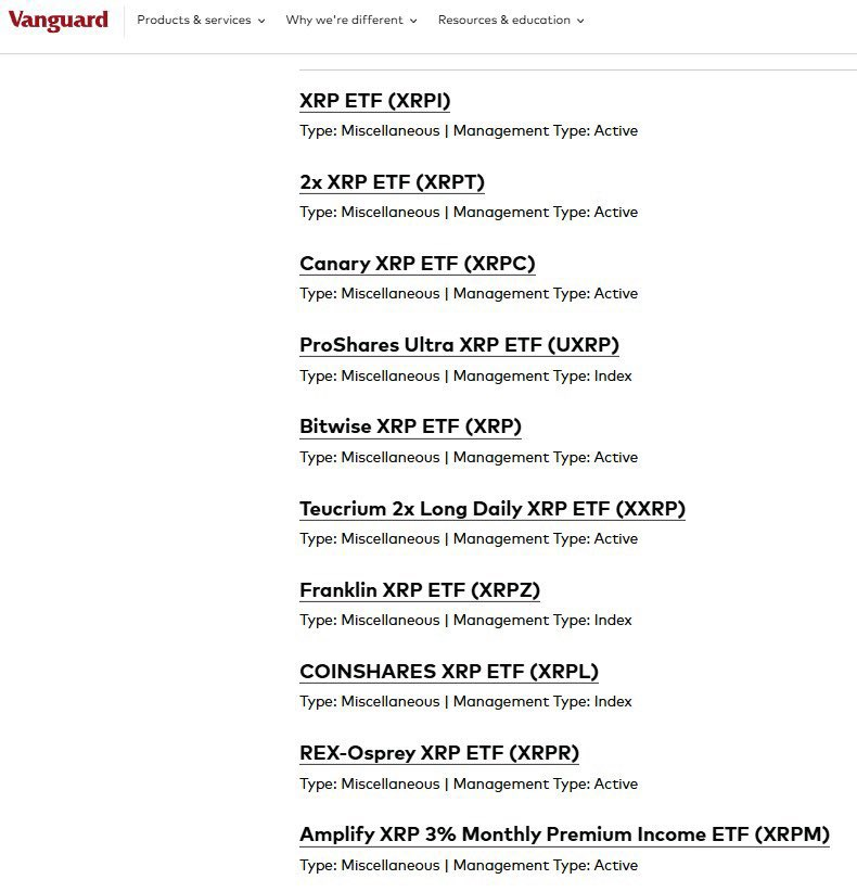 Crypt0Senseii's tweet photo. 🚨 BREAKING: Vanguard has officially added the full #XRP ETF lineup to its offerings!

👀 Is BlackRock the next to follow? 💥 https://t.co/ESlMUCQlhr