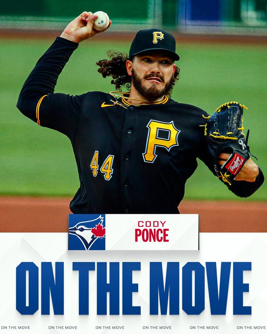 On The Move
Cody Ponce, Toronto Blue Jays
Pictured: Cody Ponce delivers a pitch. He wears a black Pirates jersey with a black cap.