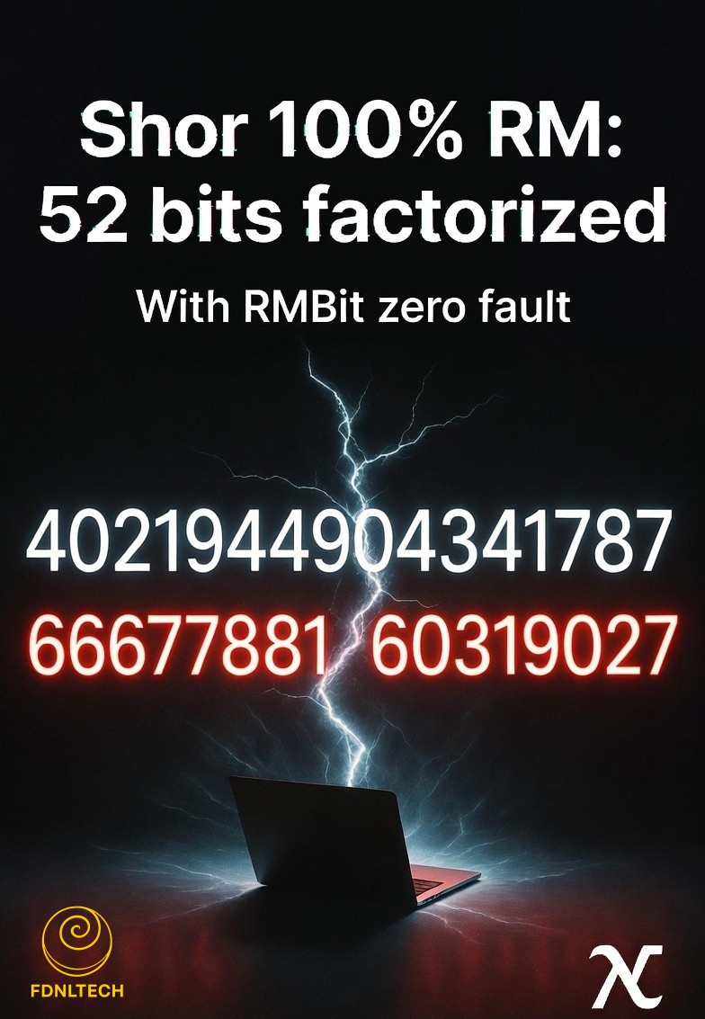 fdnltech's tweet image. FDNL Technologies: 52-bit integer factored  using Shor-inspired approach on classical hardware.

N = 4,021,944,904,341,787 

Current quantum systems: ~20 bits
Classical simulators: ~40 bits
Our RM method: 52 bits

Technical docs coming soon.

#Cryptography #QuantumComputing