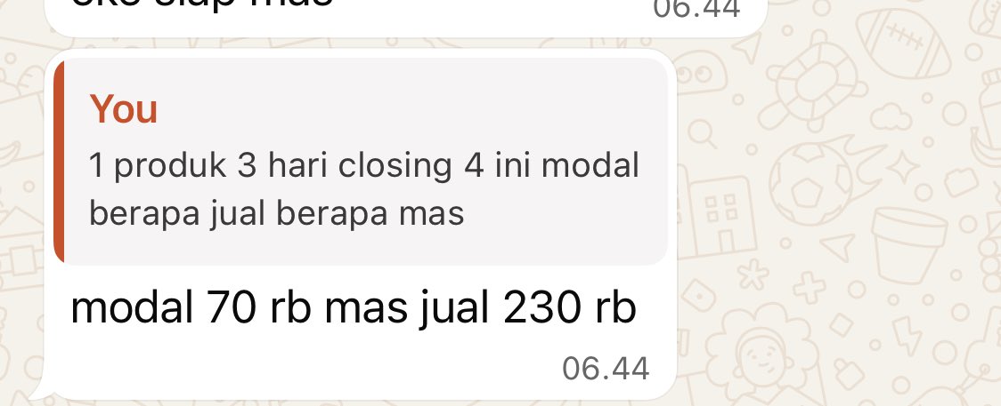 ada salah 1 peserta workshop mulai pecah telur, marginnya lumayan gede lagi modal Rp 70.000 dijual Rp 230.000, mantab jg masnya risetnya jago 😆
smg lancar2 mas!

buat temen2 yg mau ikut workshop fb ads ctwa via zoom saya bisa chat ke mba sabila ya wa 081389027939, saya buka