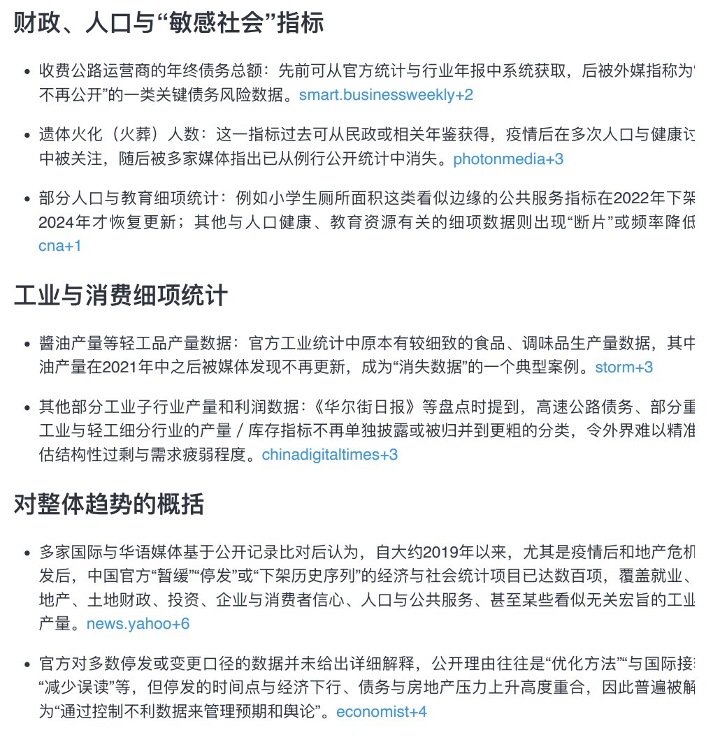 中国近年来停止发布的重要经济数据一览。