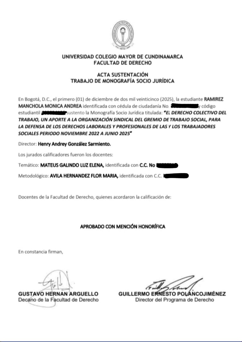 #COMUNICADO 02/12/2025

Felicitaciones a nuestra presidenta por su triunfo académico y agradecimiento a nuestras afiliadas y afiliados por Monografía Socio Jurídica con Mención Honorífica en la Universidad Colegio Mayor de Cundinamarca.

#SNTSdeColombia
#Sindicalizate