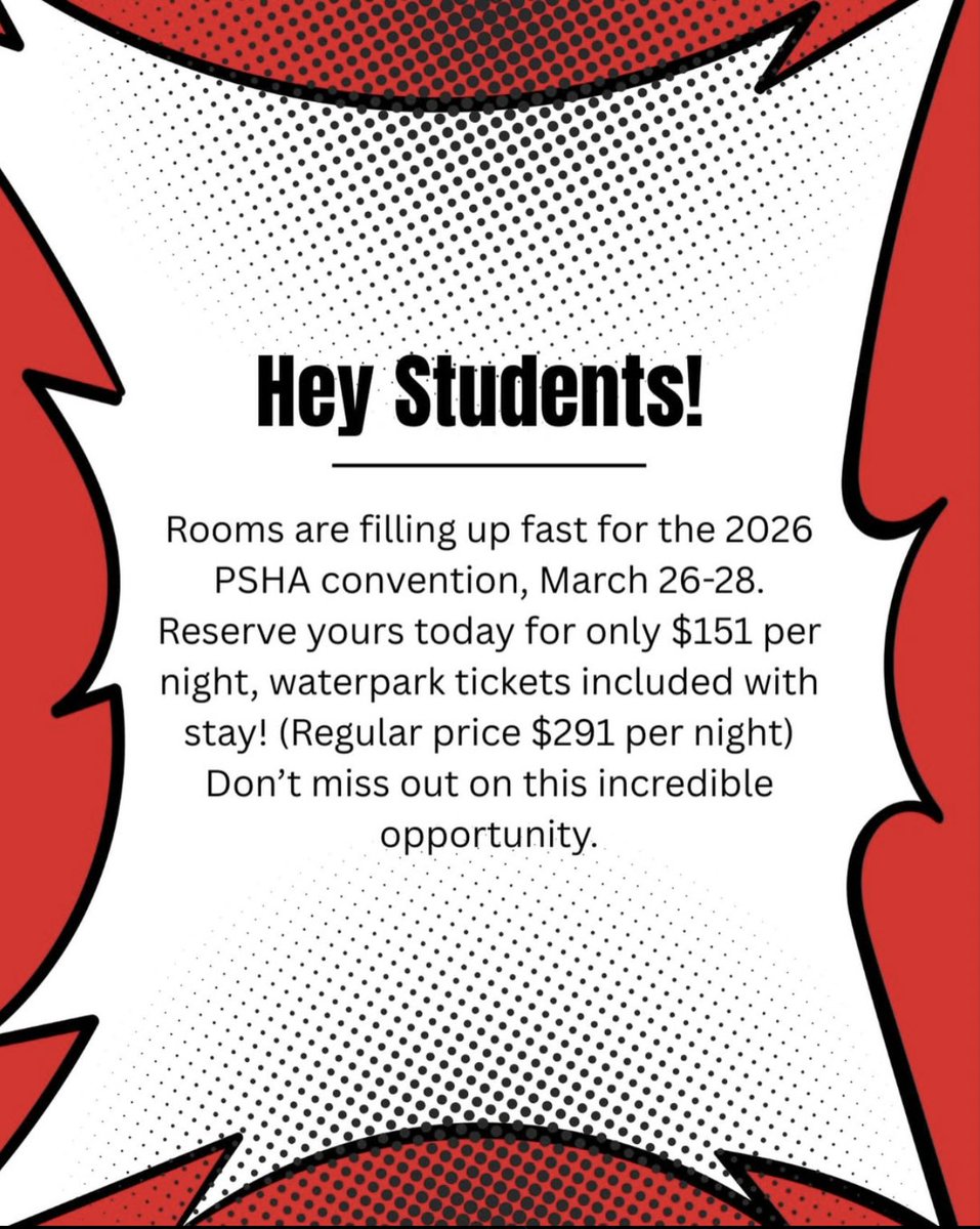 csd_wcu's tweet photo. 📣 Headed to PSHA 2026? Rooms at Kalahari in the Poconos are filling up fast! Grab your discounted rate before it’s gone! #PSHA https://t.co/BSfLZcAxXX