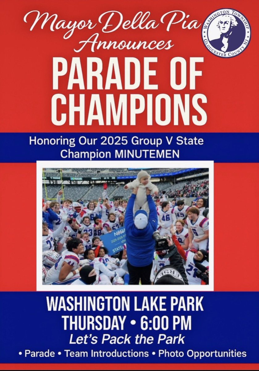🎉 Parade of Champions! 🎉

🔥 PACK THE PARK! 🔥

Join us as we honor the 2025 Group V State Champion Minutemen Football Team! 🏈💙❤️

📍 Washington Lake Park
📅 Thursday, December 4th 
⏰ 6:00 PM