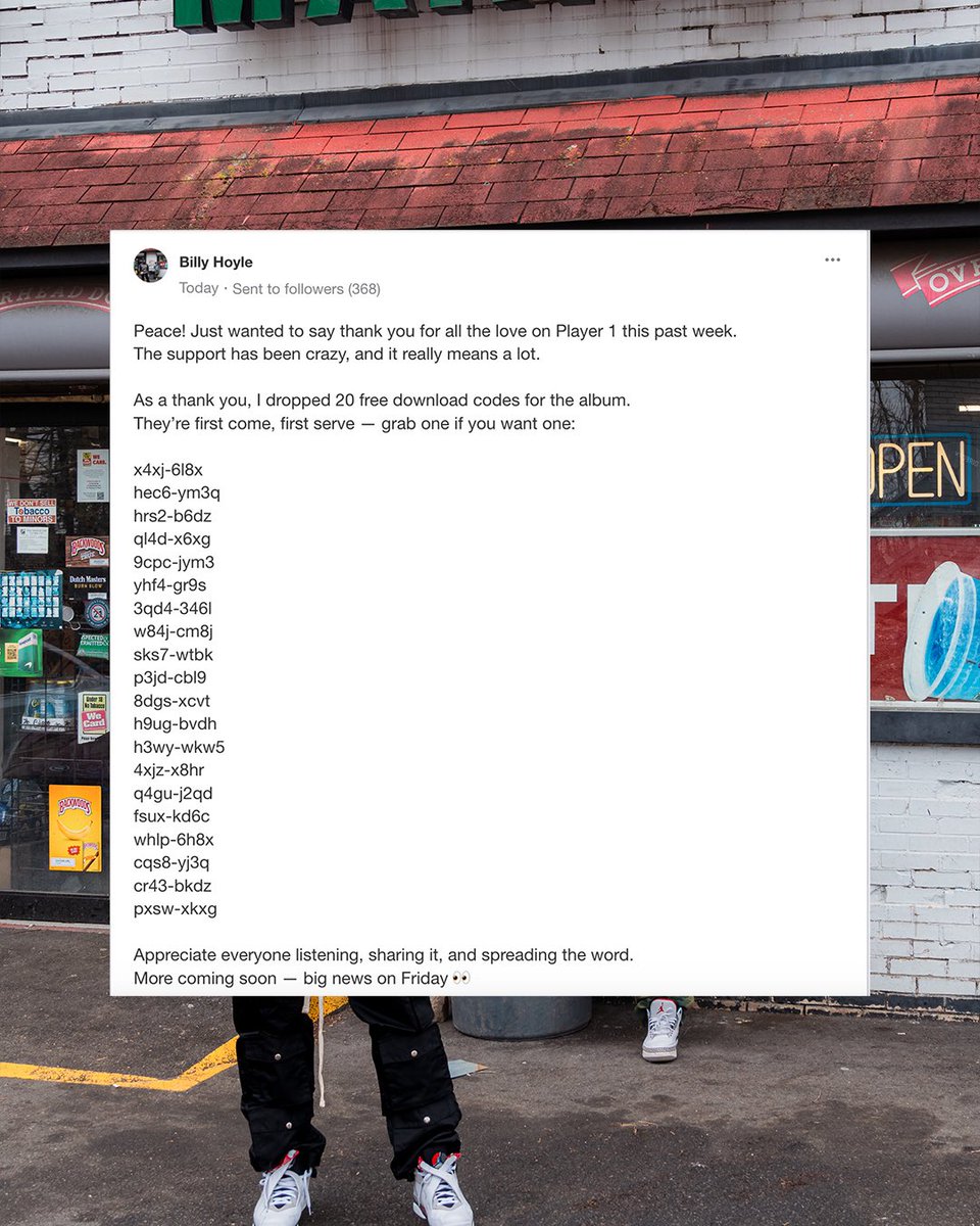 Peace! Thank you for all the love on Player 1 this past week – the support’s been crazy.
Dropped 20 free Bandcamp download codes as a thank you. First come, first serve.
More coming soon… big news Friday 👀
Player 1 🕹️ out now.