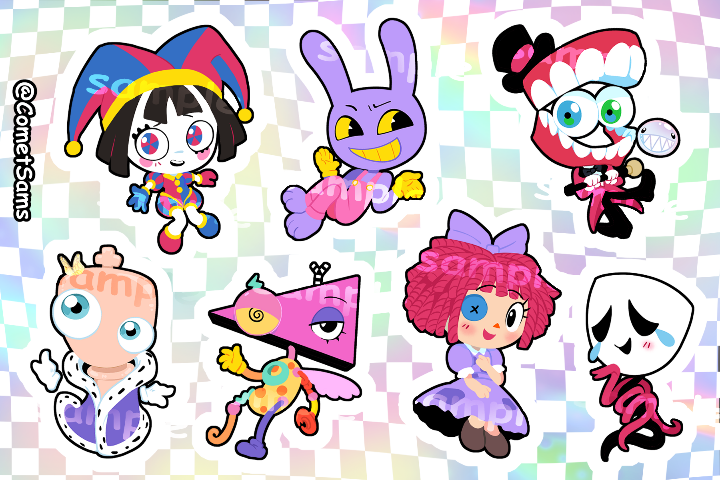 CometSams's tweet photo. i made some fun sticker sheets of the #DigitalCircus cast!! feel free to grab them off my etsy if you'd like to give any tadc enjoyers some gifts this season :3

#tadc #Pomni #merch https://t.co/s4RHVrtaCK