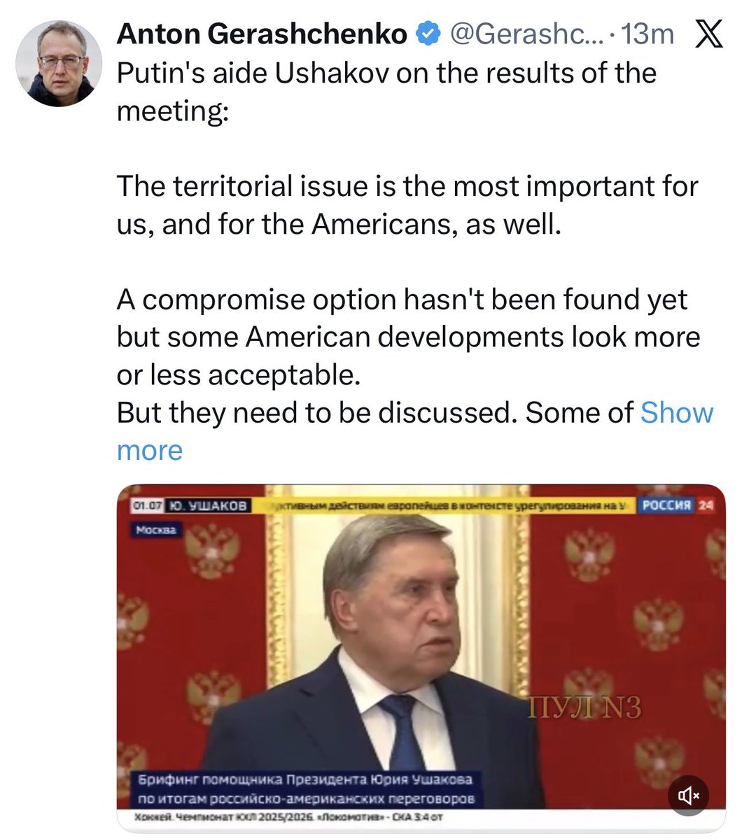 ltshijie's tweet image. 普京的助手烏沙科夫通報今天維特科夫和庫什納的會面結果表示：領土問題對我們和美國都至關重要。目前尚未找到妥協方案，但美國的一些進展看起來基本上可以接受。不過，這些進展仍需討論。美方提出的一些措詞我們無法接受。