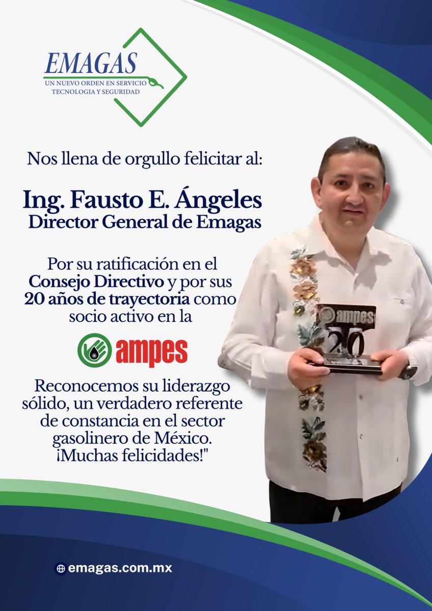 #FactorEnergético 
Liderazgo que trasciende en el sector gasolinero ⛽🇲🇽

👉Es un honor compartir  el doble reconocimiento hacia nuestro Director General, el Ing. Fausto E. Ángeles.

👉Su ratificación en el Consejo Directivo de la AMPES (Asociación Mexicana de Proveedores de