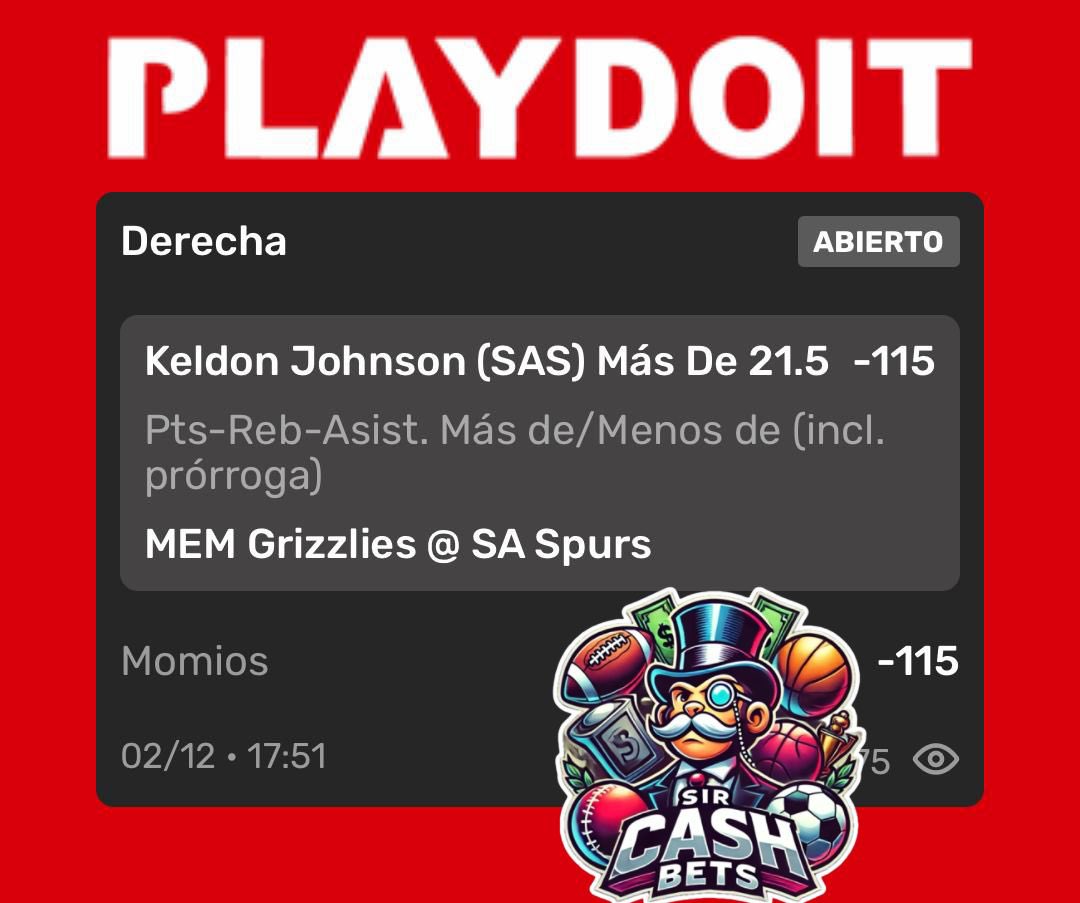 SirCashBets's tweet photo. Sirs… hoy nos vamos con Keldon Johnson PRA 21.5 🔥
El tipo viene cumpliendo, viene constante y la línea sigue siendo regalito.
Vamos por otro verde y a seguir levantando esta comunidad 😤💸

#SirCashBets #ApuestasDeportivas #playdoitmx #bet365 #FreePick  #NBAProps https://t.co/0sx9amsvNF