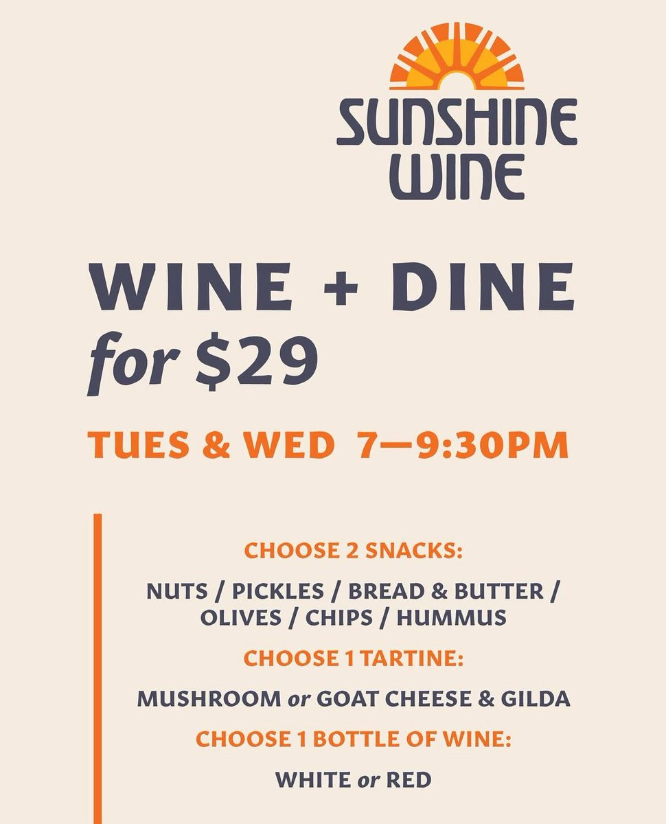 🍷✨ Sunshine Wine’s Wine &amp; Dine is back! Enjoy a delicious meal + a perfect wine pairing for just $29 — available Tuesdays &amp; Wednesdays from 7pm to close. Treat yourself!