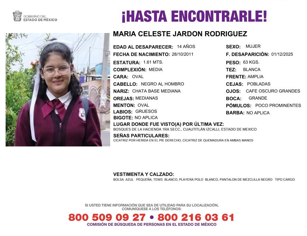 ‼️DESAPARECE OTRA JOVENCITA EN #CUAUTITLAN #IZCALLI‼️

🚨la <a href="/COBUPEM/">COBUPEM</a> pide ayuda para localizar a María Celeste Jardon Rodríguez de 14 años de edad reportada como desaparecida el pasado 1 de diciembre en bosques de la hacienda en Cuautitlán Izcalli #Edomex