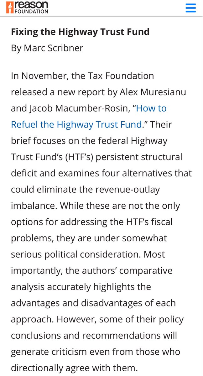 marcscribner's tweet image. In my latest for @ReasonFdn’s Surface Transportation Innovations* newsletter, I examine a new @TaxFoundation report that considers four potential fixes to the Highway Trust Fund’s increasing dire fiscal problems: reason.org/transportation…

*Subscribe ($0): reason.org/transportation…