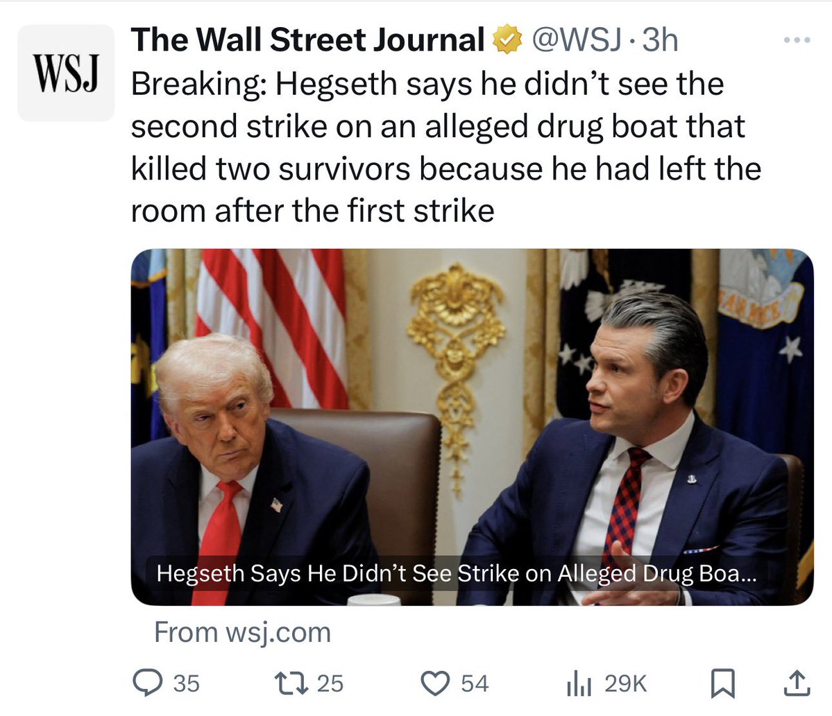 ltshijie's tweet image. 霍格塞斯繼續為自己辯解，他稱第二次導彈襲擊兩名倖存者時他離開了指揮室，沒看見。媒體普遍認為霍格塞斯還是正迴避核心問題：第二次導彈襲擊前是否他下令不留活口？