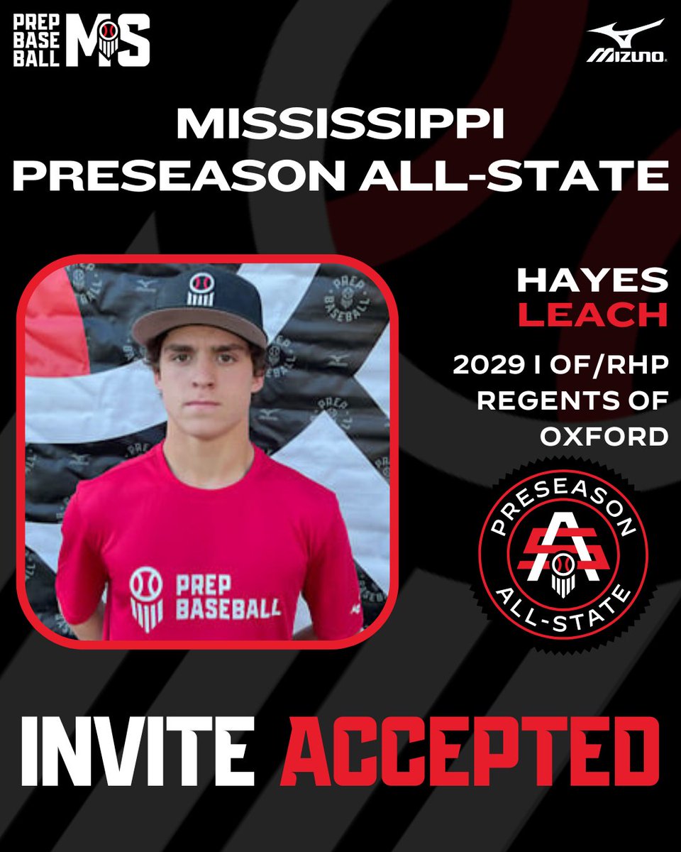 PrepBaseballMS's tweet photo. #𝐌𝐒𝐏𝐀𝐒𝟐𝟔: 𝐈𝐧𝐯𝐢𝐭𝐞 𝐀𝐜𝐜𝐞𝐩𝐭𝐞𝐝 ✅

+ '29 OF/RHP Hayes Leach (@HayesLeach6; Regents School of Oxford) has 𝙤𝙛𝙛𝙞𝙘𝙞𝙖𝙡𝙡𝙮 𝙖𝙘𝙘𝙚𝙥𝙩𝙚𝙙 𝙝𝙞𝙨 𝙞𝙣𝙫𝙞𝙩𝙚 and will attend the Mississippi Preseason All-State on January 25th at Mississippi State University.

Spots won’t last long, request your invite below. ⤵️

🔗: https://t.co/zFfjwhNP0R