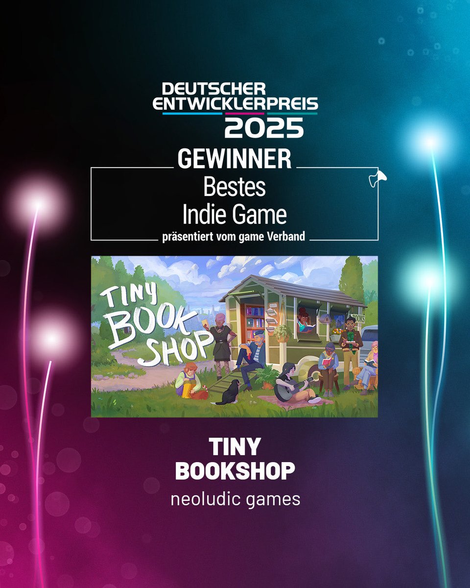 entwicklerpreis's tweet photo. Der Award für 𝗕𝗘𝗦𝗧𝗘𝗦 𝗜𝗡𝗗𝗜𝗘 𝗚𝗔𝗠𝗘 geht an „Tiny Bookshop“ von @neoludic.🏆✨ 

Herzlichen Glückwunsch an das Gewinnerteam! 

#DEP2025 https://t.co/ZHpEJnlGuO