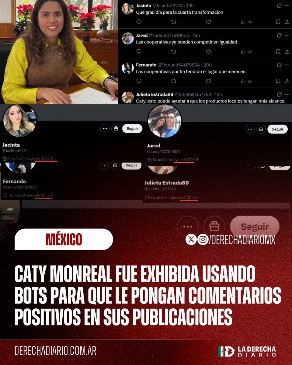 🇲🇽 | LOS CHAIROBOTS: La hija del diputado morenista Ricardo Monreal, Caty Monreal, fue exhibida por utilizar bots en redes sociales: La cuentas con comentarios positivos fueron creadas todas en Mayo 2025 y repostean sus más recientes publicaciones.
