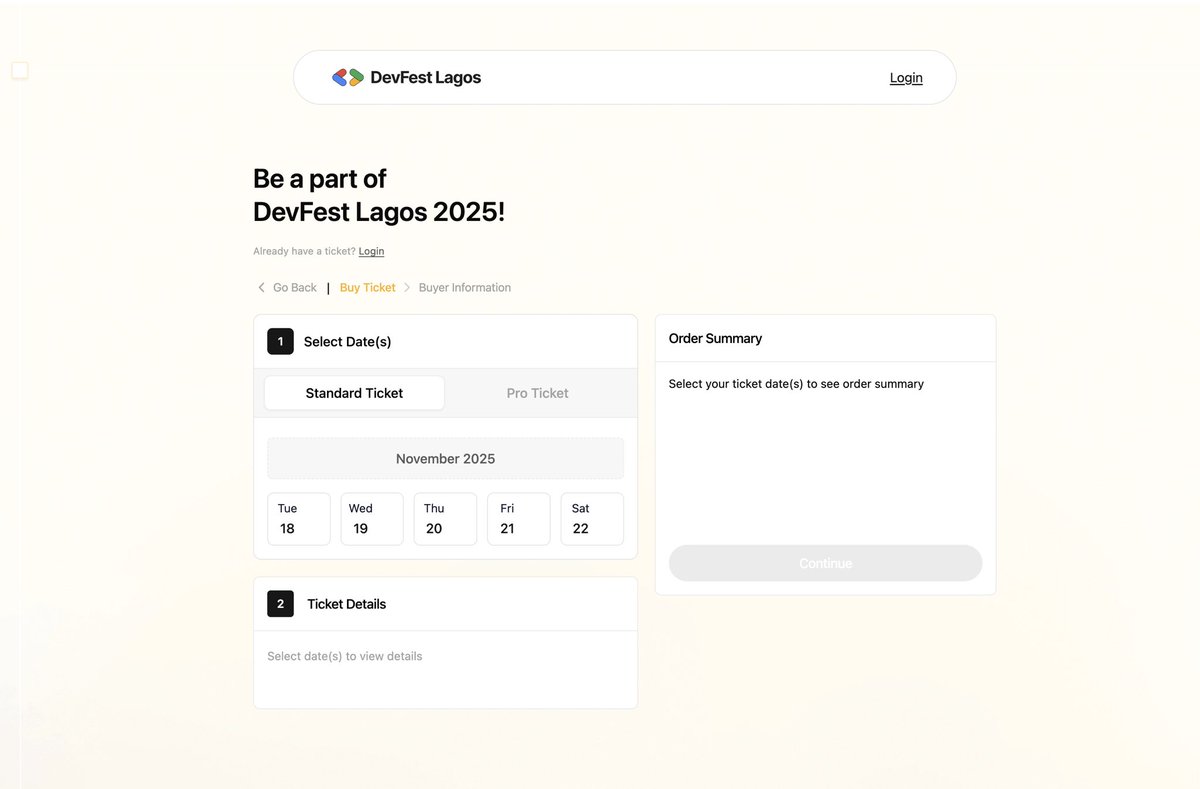 aiyegbusitope's tweet photo. Extremely honored to have led the design team for #DevFestLagos 2025 Ticketing platform.
This was over 6 months of work and I’m really proud of what we built.
Check what we built here; https://t.co/WzAiEOdryo https://t.co/D6tP9ULw6G