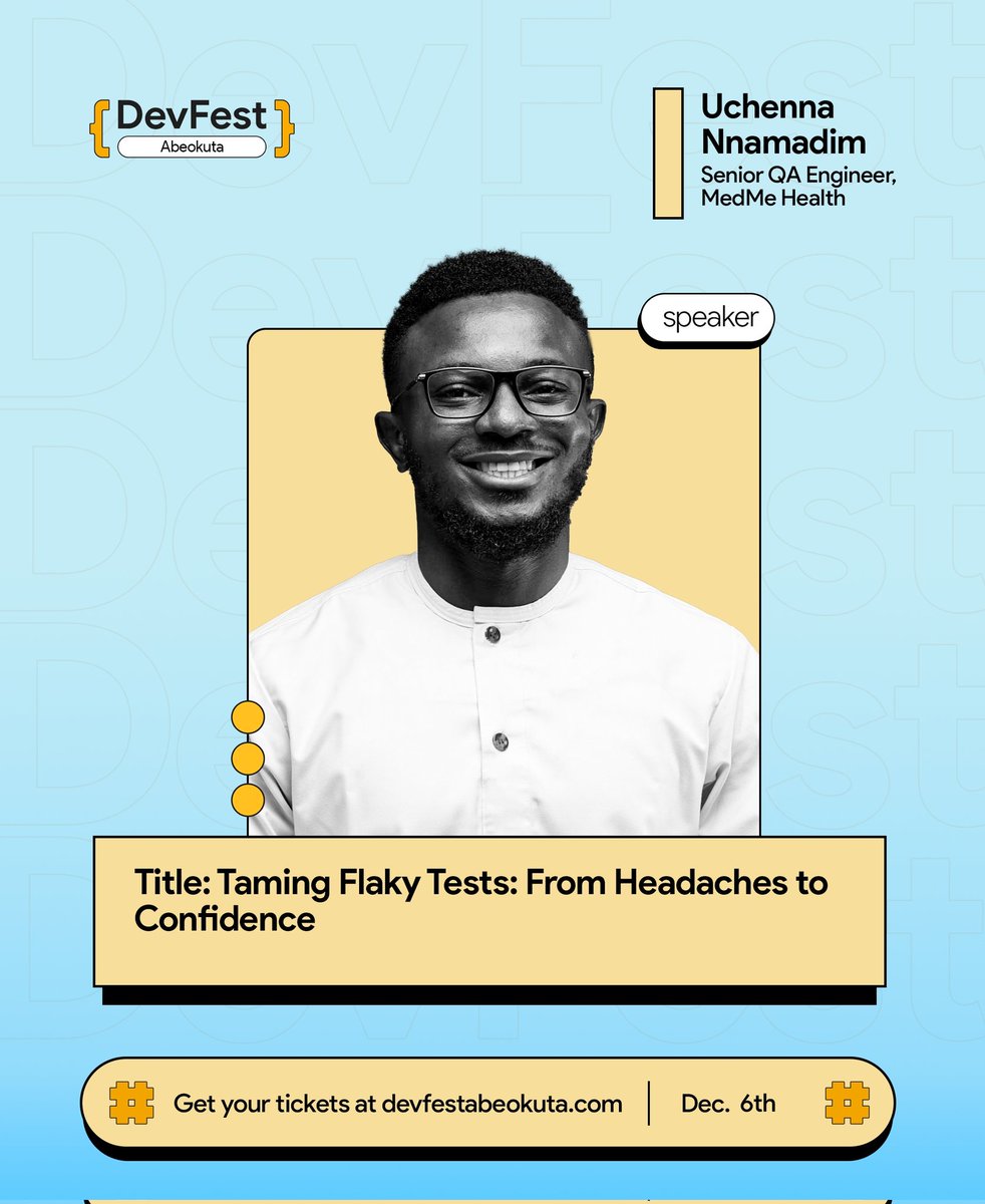 gdgabeokuta's tweet photo. Meet our speaker, Uchenna Nnamadim 🎉🎉

Uchenna is a QA Engineer at MedMe Health and he will be giving a talk about "Taming Flaky Tests: From Headaches Confidence."

You don't want to miss this!
Register here - https://t.co/S2oZsMye9W https://t.co/4dp29MIxvR